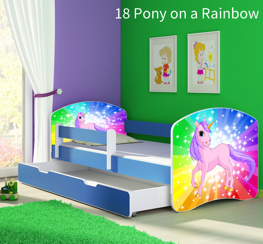 Dječji krevet ACMA s motivom, bočna plava + ladica 160x80 cm 18 Pony on a rainbow