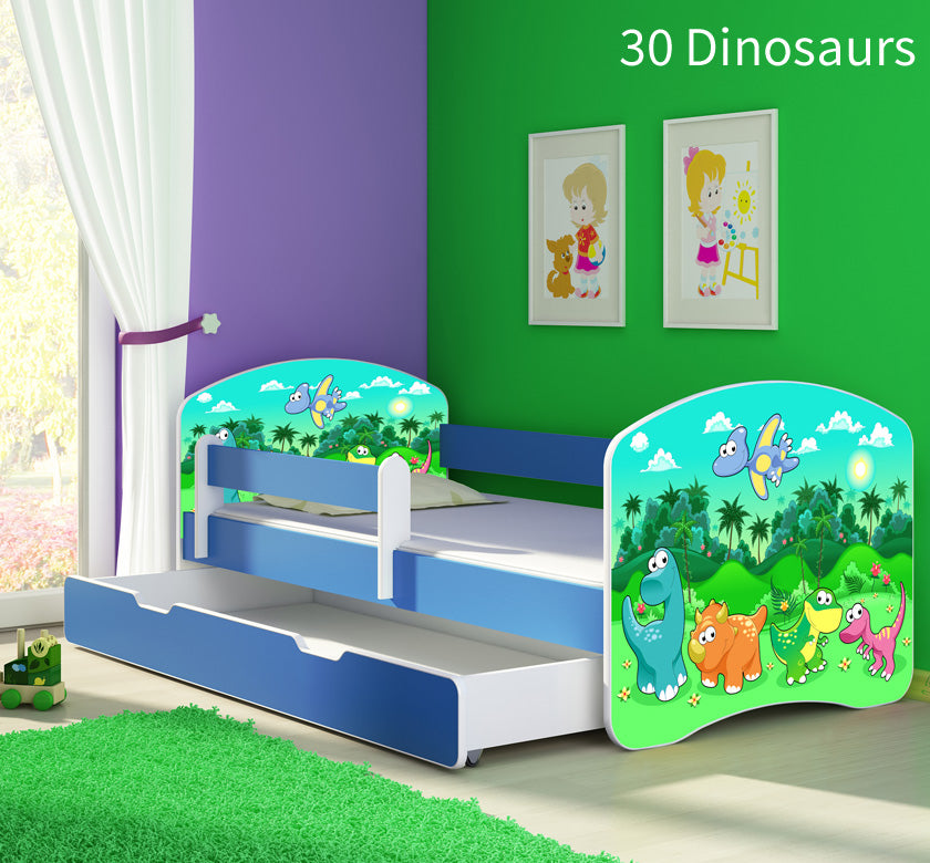 Dječji krevet ACMA s motivom, bočna plava + ladica 160x80 cm 30 Dinosaurs