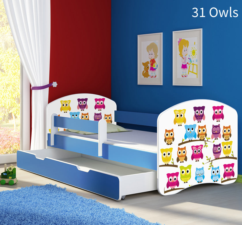 Dječji krevet ACMA s motivom, bočna plava + ladica 160x80 cm 31 Owls