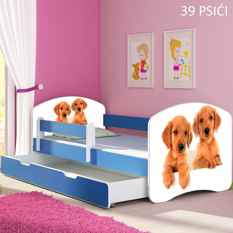 Dječji krevet ACMA s motivom, bočna plava + ladica 160x80 cm 39 Psići