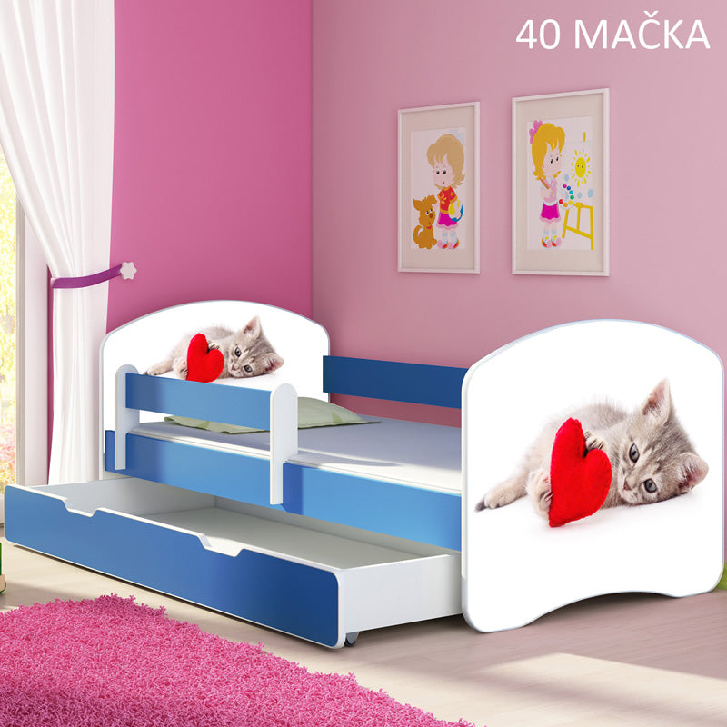 Dječji krevet ACMA s motivom, bočna plava + ladica 180x80 cm 40 Mačka