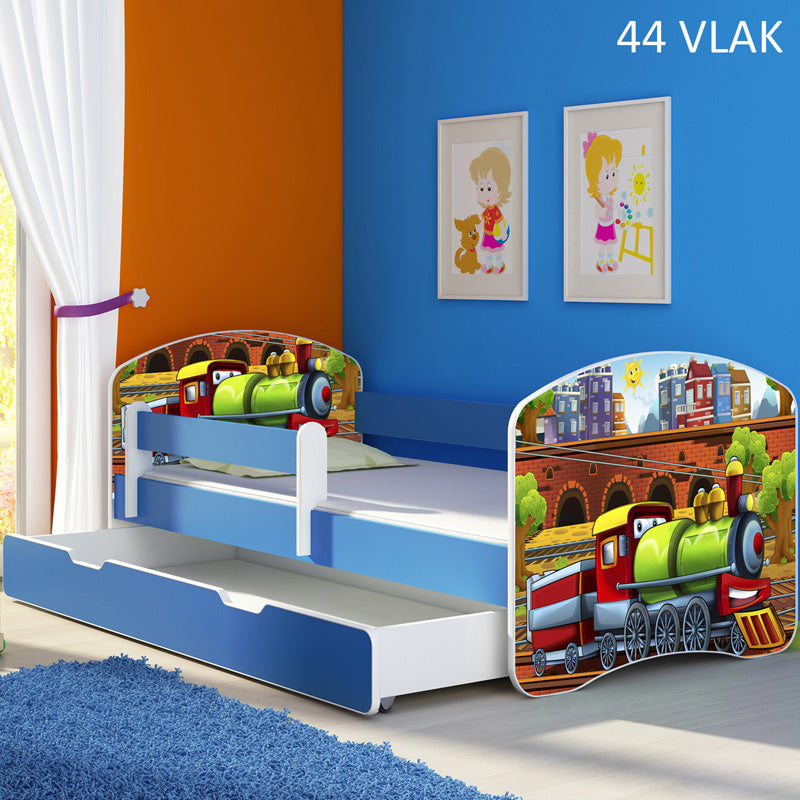 Dječji krevet ACMA s motivom, bočna plava + ladica 160x80 cm 44 Vlak