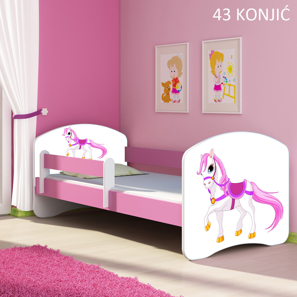Dječji krevet ACMA s motivom, bočna roza 180x80 cm 43 Konjić