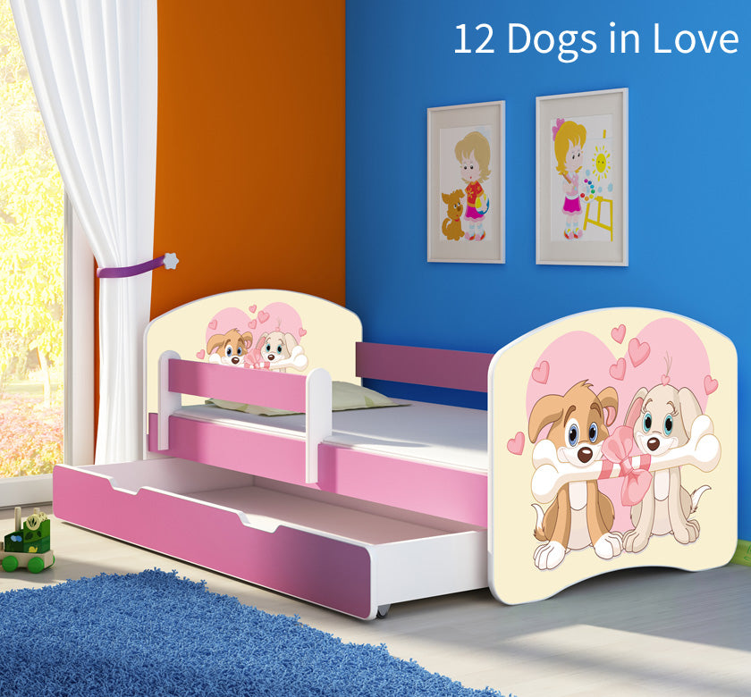 Dječji krevet ACMA s motivom, bočna roza + ladica 160x80 cm 12 Dogs in Love