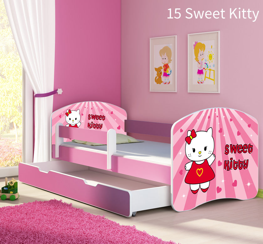 Dječji krevet ACMA s motivom, bočna roza + ladica 140x70 cm 15 Sweet Kitty