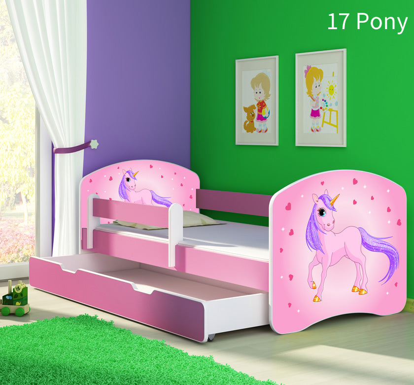 Dječji krevet ACMA s motivom, bočna roza + ladica 140x70 cm 17 Pony