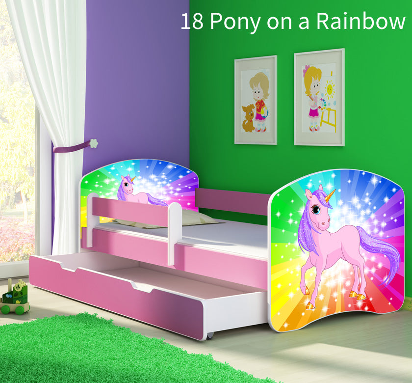 Dječji krevet ACMA s motivom, bočna roza + ladica 160x80 cm 18 Pony on a rainbow
