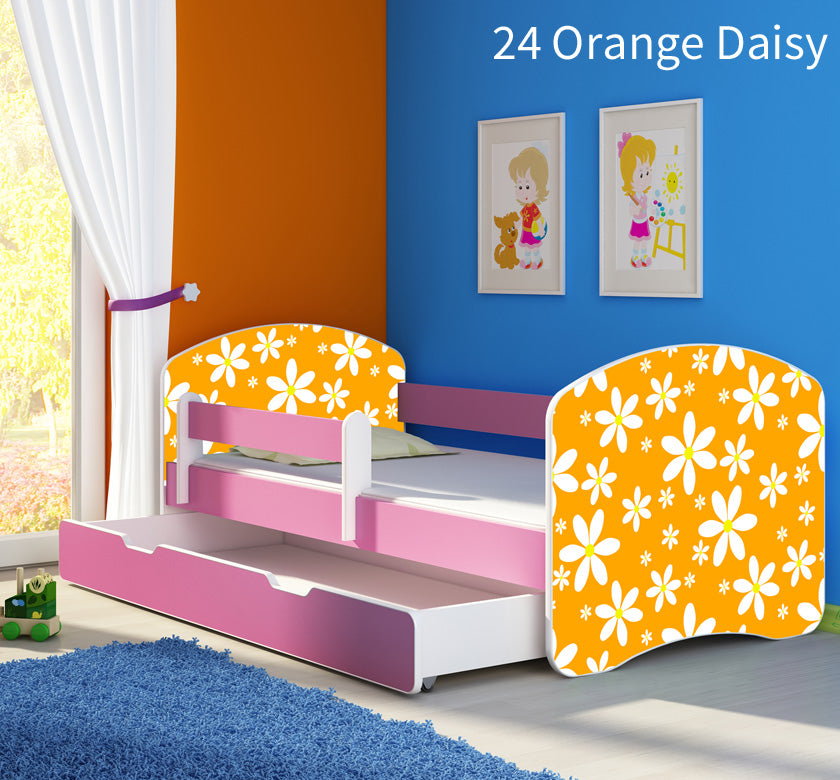 Dječji krevet ACMA s motivom, bočna roza + ladica 160x80 cm 24 Orange Daisy