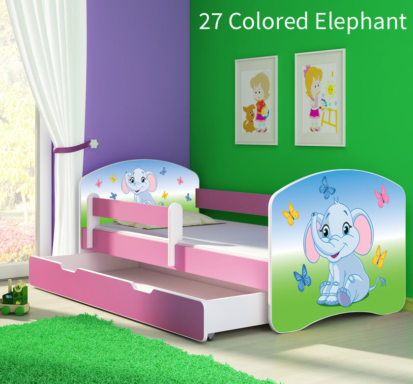 Dječji krevet ACMA s motivom, bočna roza + ladica 160x80 cm 27 Colored Elephant