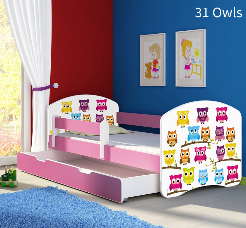Dječji krevet ACMA s motivom, bočna roza + ladica 180x80 cm 31 Owls