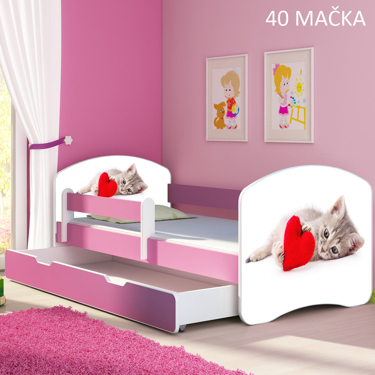 Dječji krevet ACMA s motivom, bočna roza + ladica 140x70 cm 40 Mačka