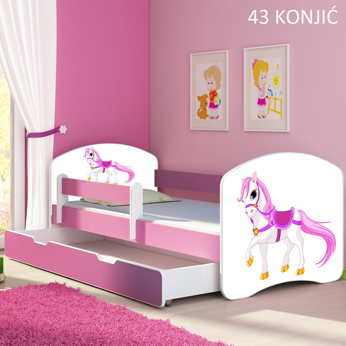 Dječji krevet ACMA s motivom, bočna roza + ladica 160x80 cm 43 Konjić