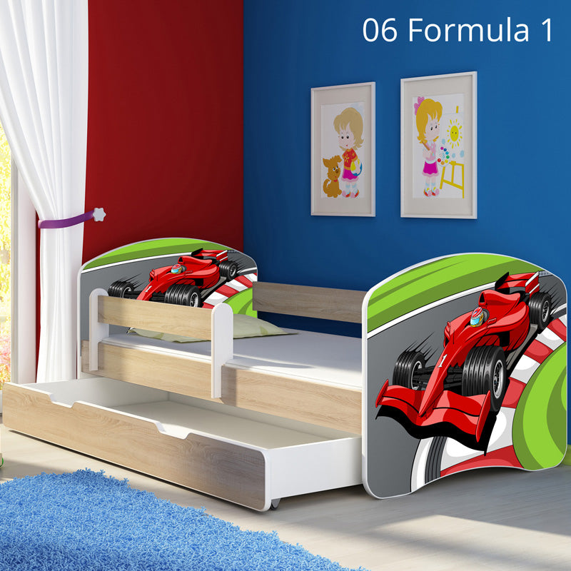 Dječji krevet ACMA s motivom, bočna sonoma + ladica 140x70 cm 06 Formula 1