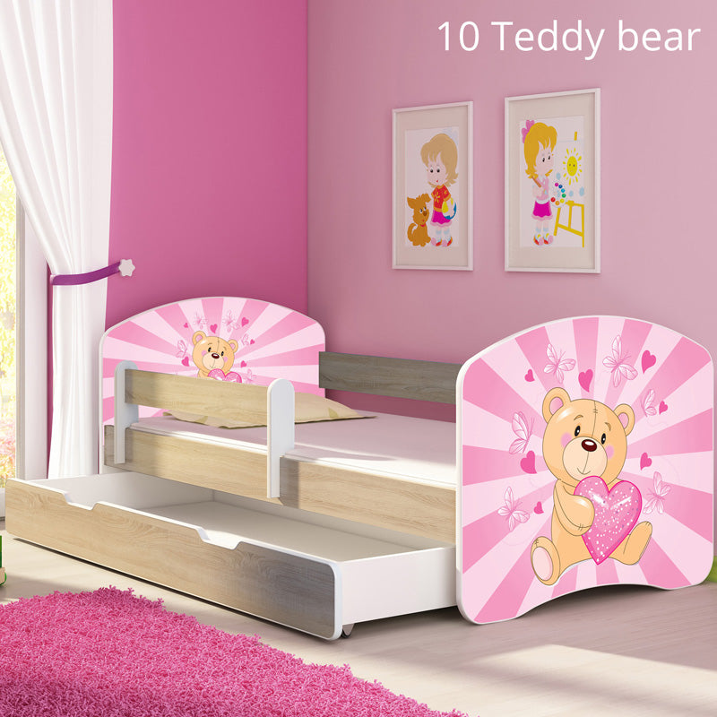 Dječji krevet ACMA s motivom, bočna sonoma + ladica 180x80 cm 10 Pink Teddy Bear