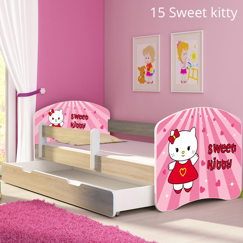 Dječji krevet ACMA s motivom, bočna sonoma + ladica 160x80 cm 15 Sweet Kitty