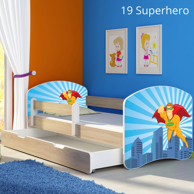 Dječji krevet ACMA s motivom, bočna sonoma + ladica 160x80 cm 19 Superhero