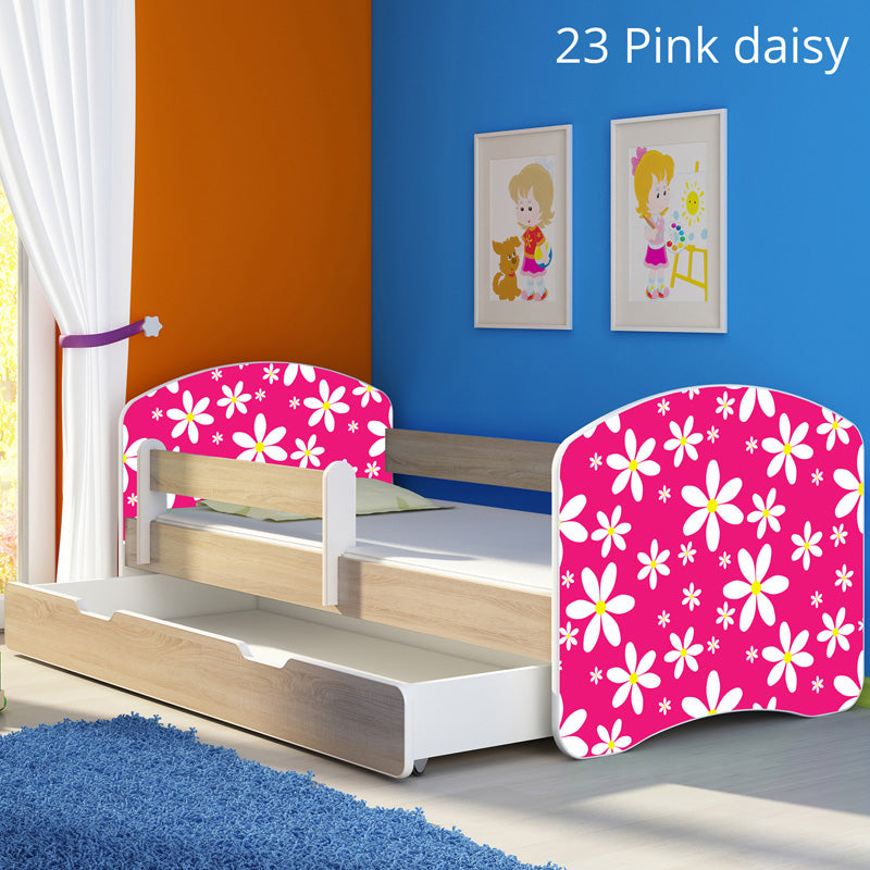 Dječji krevet ACMA s motivom, bočna sonoma + ladica 160x80 cm 23 Pink Daisy