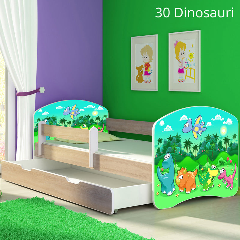 Dječji krevet ACMA s motivom, bočna sonoma + ladica 180x80 cm 30 Dinosaurs