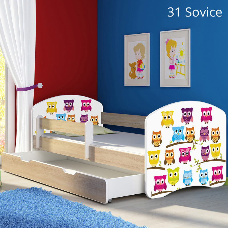 Dječji krevet ACMA s motivom, bočna sonoma + ladica 180x80 cm 31 Owls