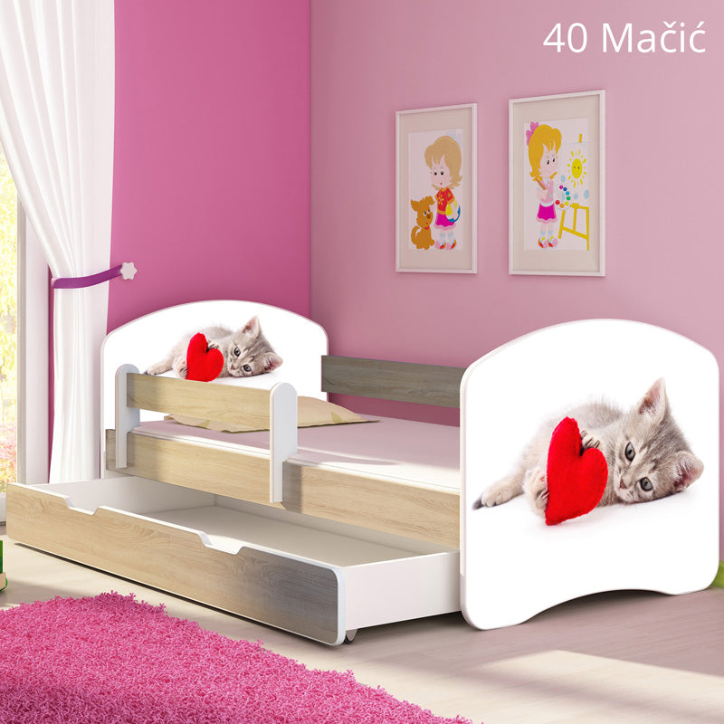 Dječji krevet ACMA s motivom, bočna sonoma + ladica 140x70 cm 40 Mačka