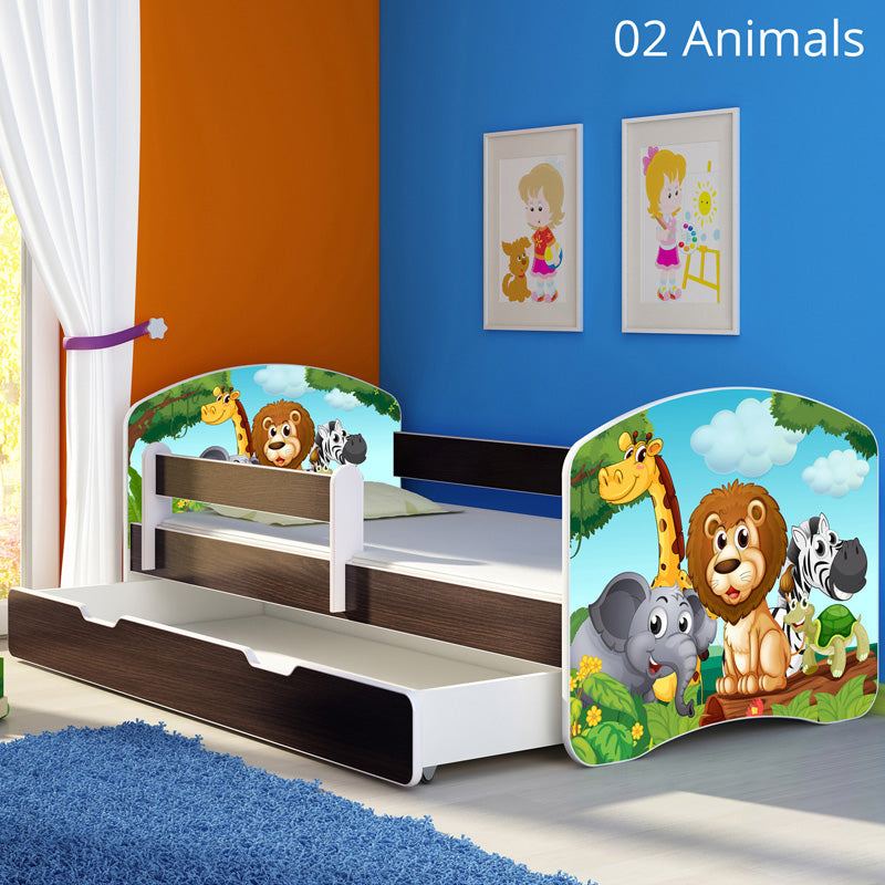 Dječji krevet ACMA s motivom, bočna wenge + ladica 140x70 cm 02 Animals
