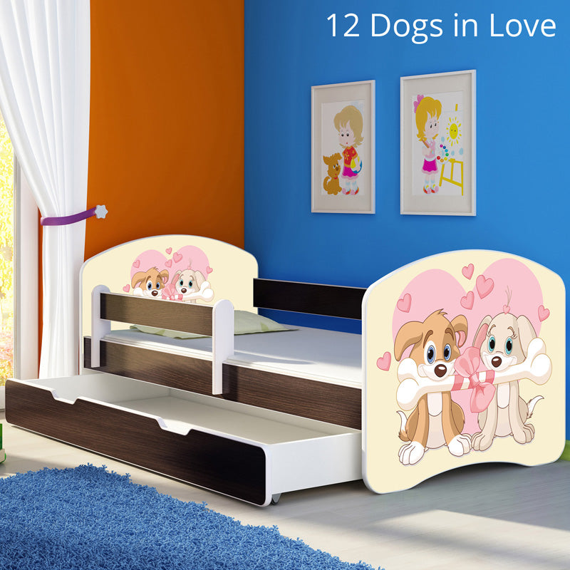 Dječji krevet ACMA s motivom, bočna wenge + ladica 140x70 cm 12 Dogs in Love