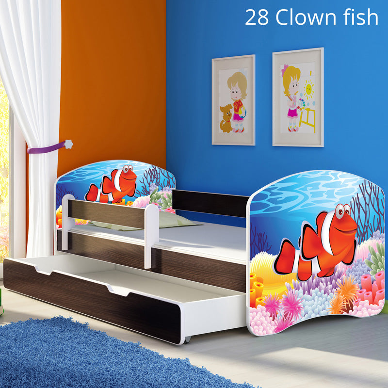 Dječji krevet ACMA s motivom, bočna wenge + ladica 140x70 cm 28 Clown Fish