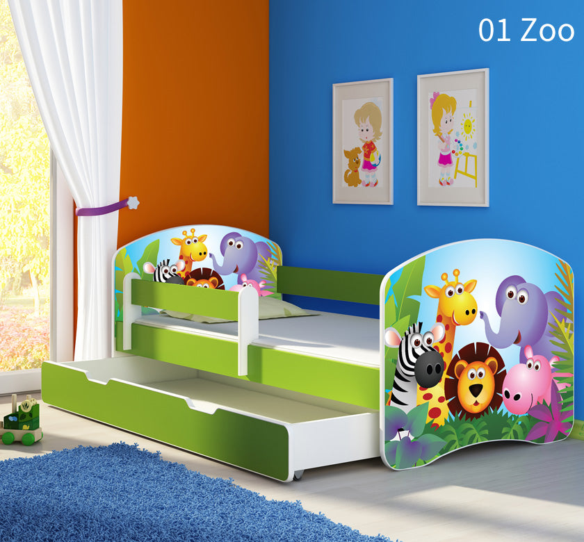 Dječji krevet ACMA s motivom, bočna zelena + ladica 140x70 cm 01 Zoo