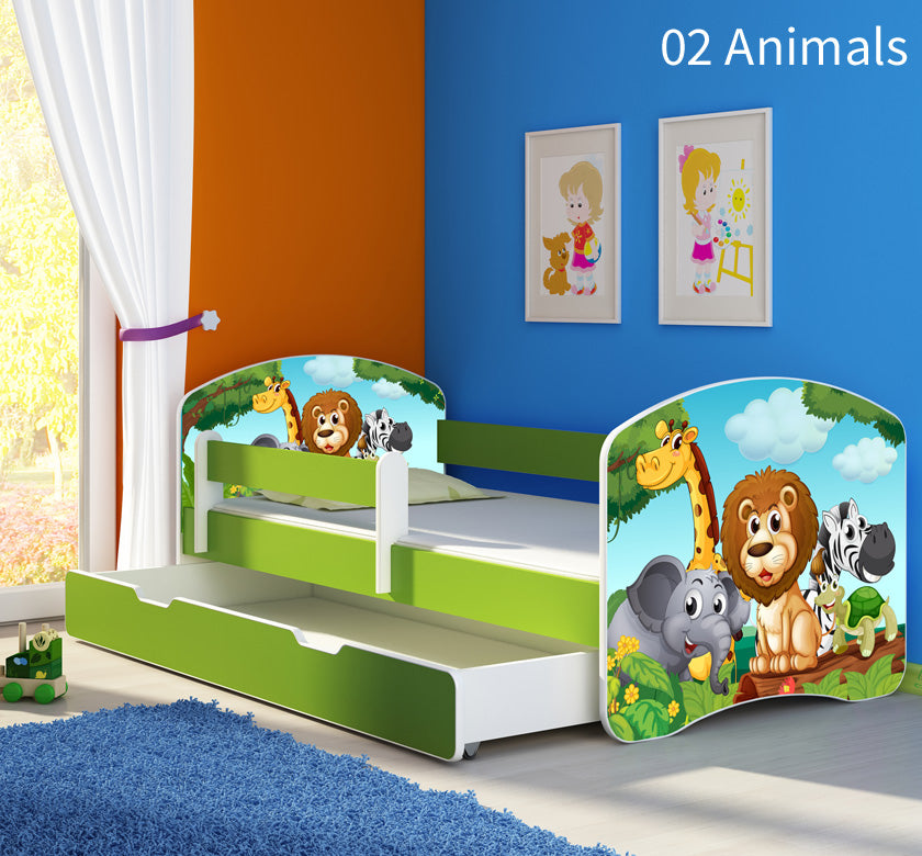 Dječji krevet ACMA s motivom, bočna zelena + ladica 140x70 cm 02 Animals