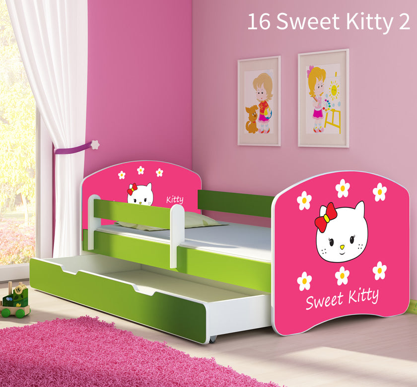 Dječji krevet ACMA s motivom, bočna zelena + ladica 160x80 cm 16 Sweet Kitty 2