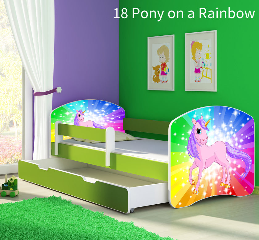 Dječji krevet ACMA s motivom, bočna zelena + ladica 160x80 cm 18 Pony on a rainbow