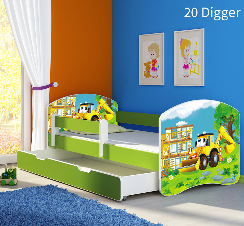 Dječji krevet ACMA s motivom, bočna zelena + ladica 180x80 cm 20 Digger