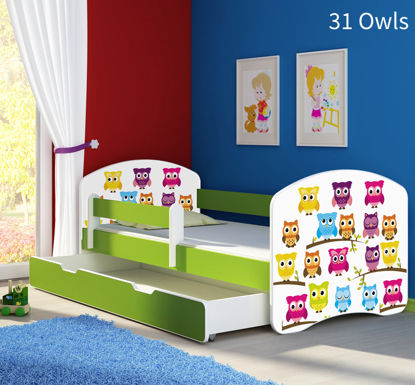 Dječji krevet ACMA s motivom, bočna zelena + ladica 160x80 cm 31 Owls