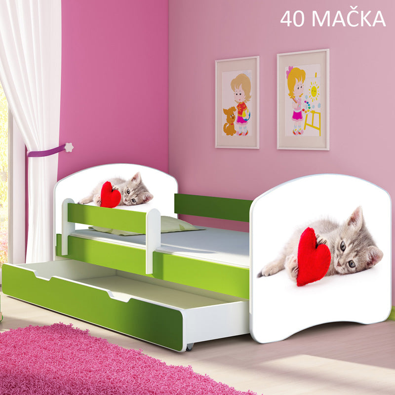 Dječji krevet ACMA s motivom, bočna zelena + ladica 160x80 cm 40 Mačka