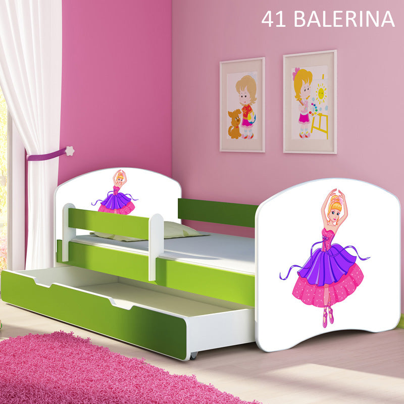 Dječji krevet ACMA s motivom, bočna zelena + ladica 140x70 cm 41 Balerina