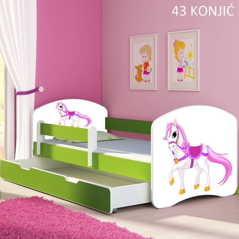Dječji krevet ACMA s motivom, bočna zelena + ladica 160x80 cm 43 Konjić