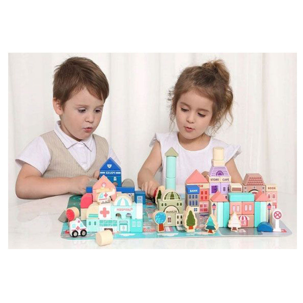 Ecotoys Edukativni drveni blokovi grad s podlogom od 115 dijelova