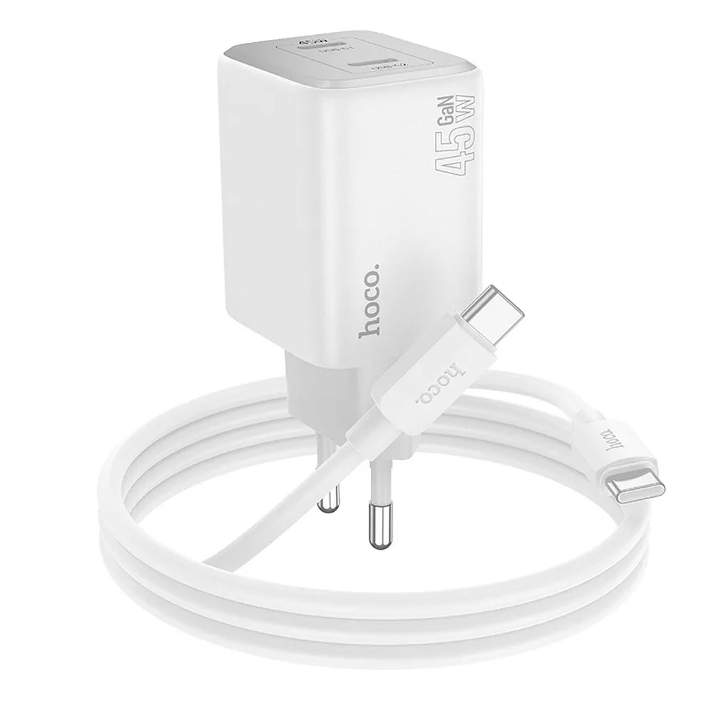 HOCO zidni punjač 2 x Type-C + kabel Type-C do Type-C PD QC 45W GaN N42 bijeli