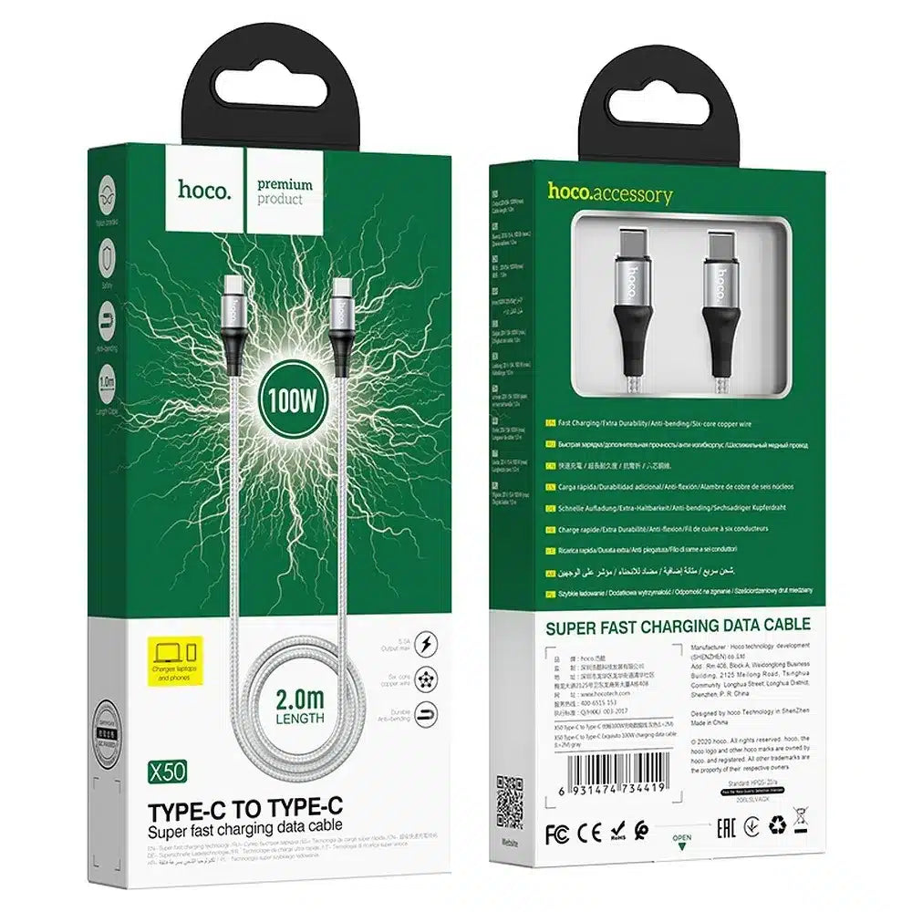 HOCO kabel tipa C na tip C Exquisite Power Delivery PD 100W X50 2 metra sivi
