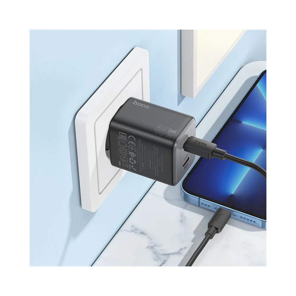 HOCO zidni punjač 2 x tip C + kabel tip C do Lightning PD QC 45W GaN N42 crni