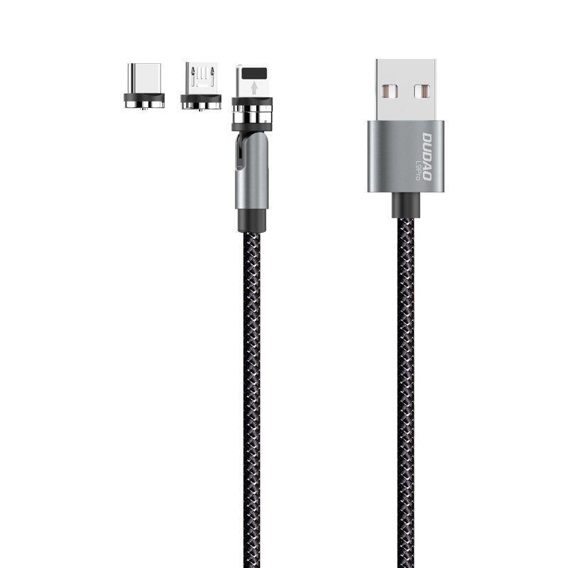 Dudao magnetski USB kabel + komplet utikača Lightning / USB Type C / Micro USB 3 A 1 m siva