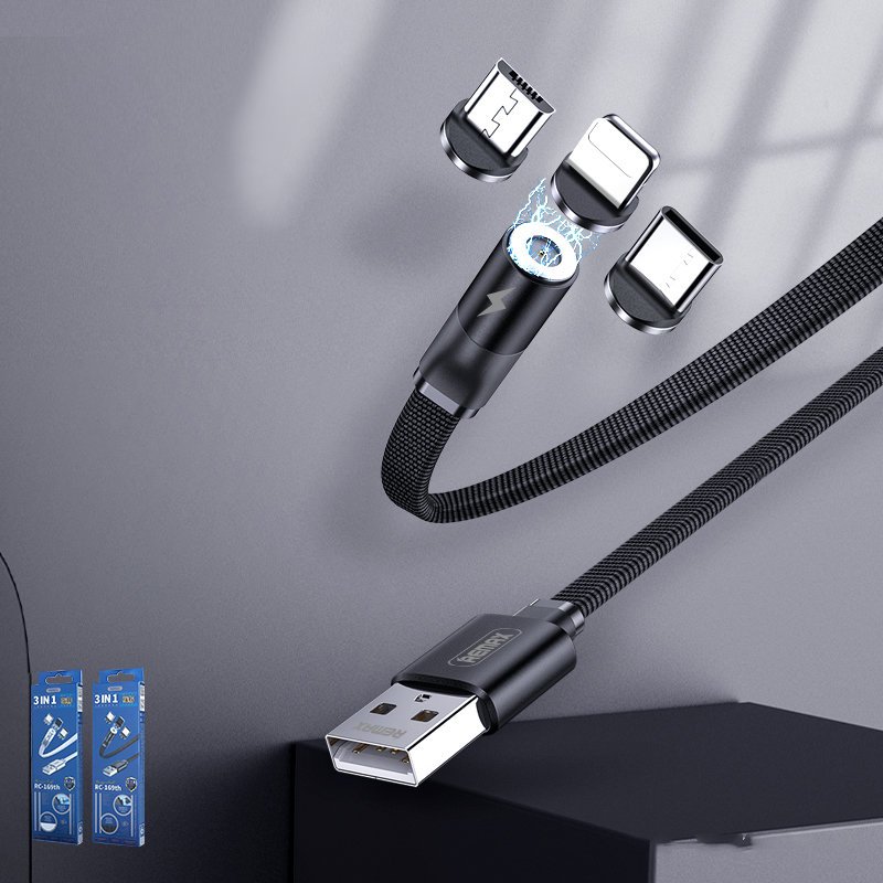 REMAX magnetski USB kabel + komplet utikača Lightning / USB tip C / mikro USB 2.1A 1m