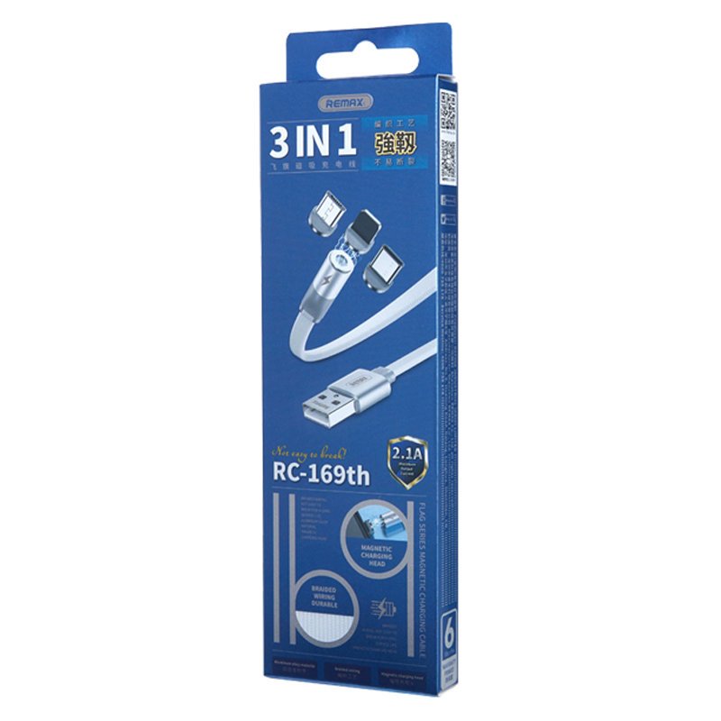 REMAX magnetski USB kabel + komplet utikača Lightning / USB tip C / mikro USB 2.1A 1m bijeli
