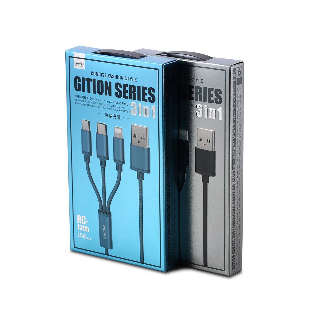 Remax Gition 3u1 pleteni USB-mikro USB / Lightning / USB-C kabel 2,8A 1,15M crni