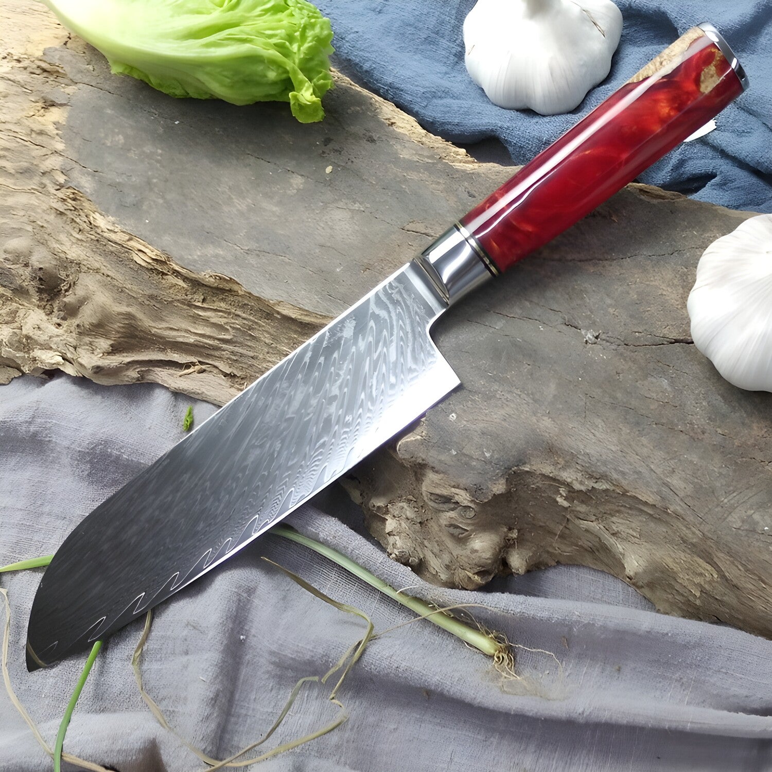 Damaskasti kuhinjski nož HA-14033 - Santoku / Crvena KP14033