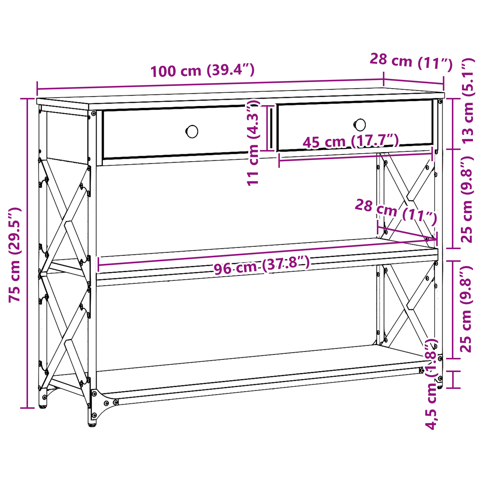 Konzolna stolica s ladicama Crni hrast 100 x 28 x 75 cm