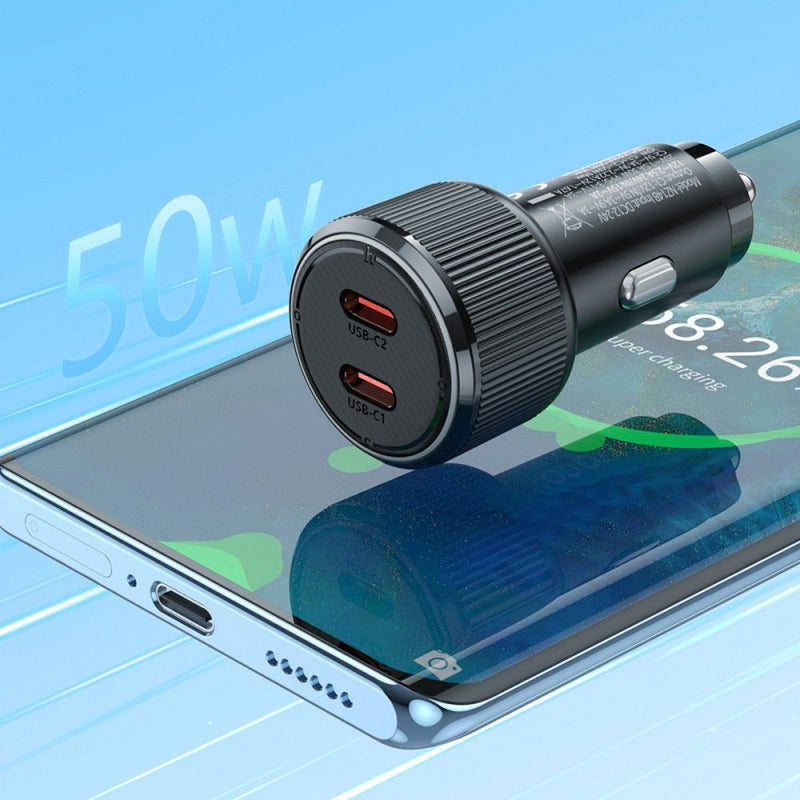 Auto punjač Hoco NZ14B 50W 3A 2 x USB-C crni
