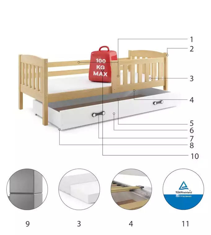Krevet BMS Kubus + ladica 160x80 cm, PINE bijela