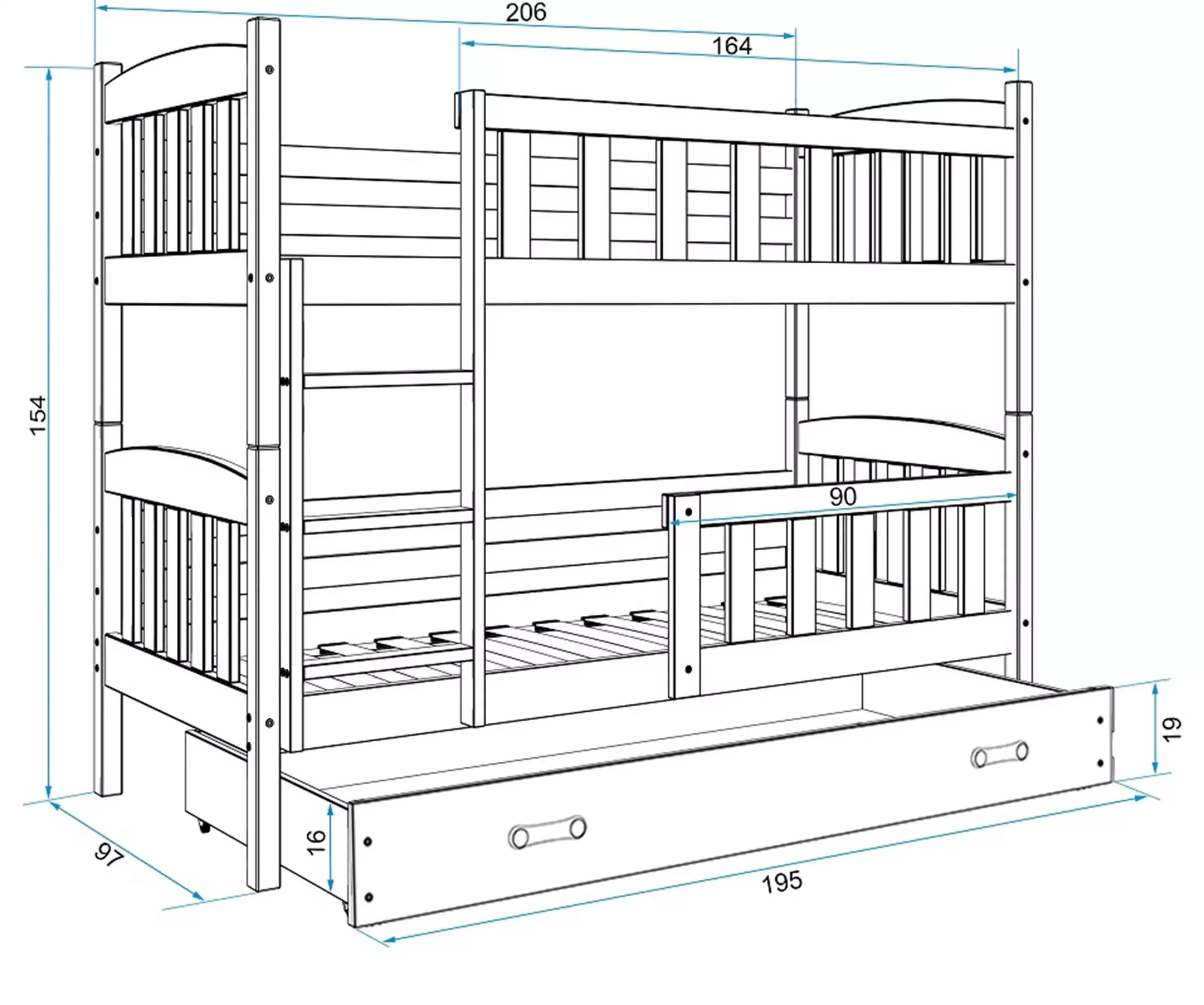 Krevet BMS Kubus na kat + ladica 200x90 cm, GRF bijela