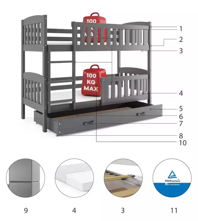 Krevet BMS Kubus na kat + ladica 200x90 cm, GRF bijela